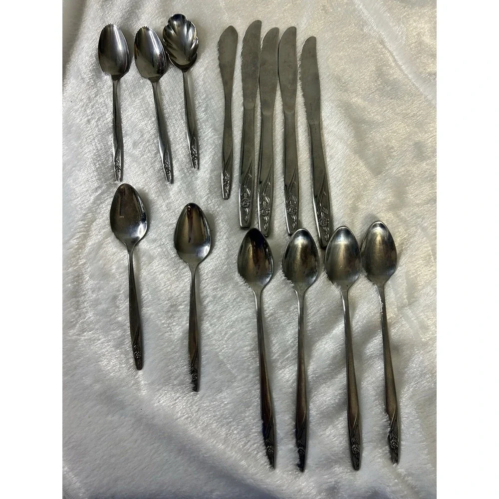 Vintage American Stainless USA 'IS'  14 Piece Lot Of Floral‎ Design Dinner Wear
